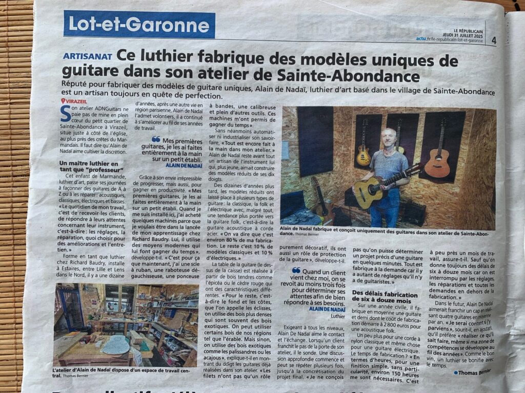 Article du journal le Républicain . Sujet luthier. paru le 31/07/2025
